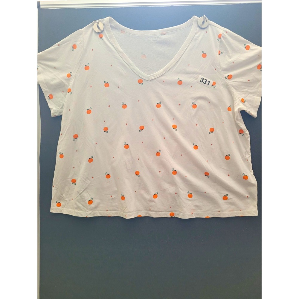Old Navy Womens 2X White Pumpkin V-Neck Short Sleeve Halloween Jersey T-Shirt